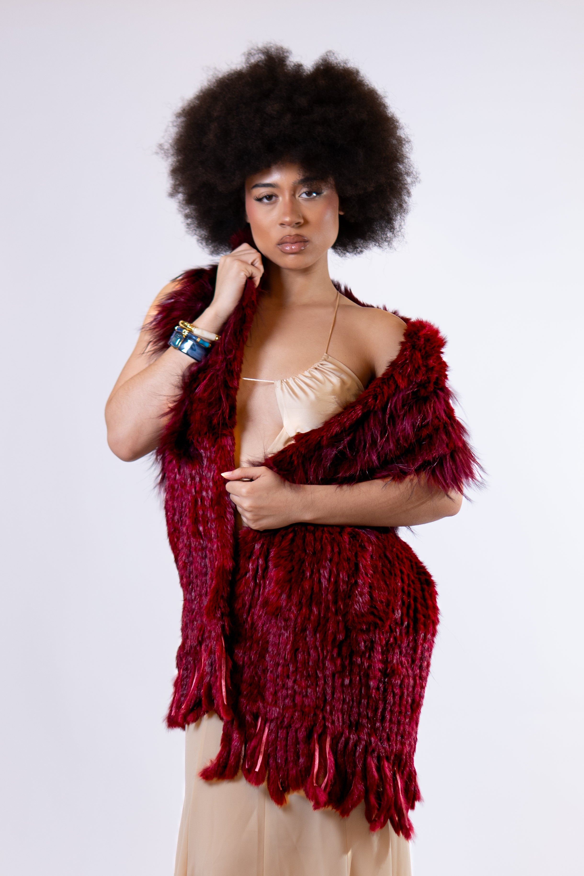 ZARIA Burgundy Fringe Fur Shawl