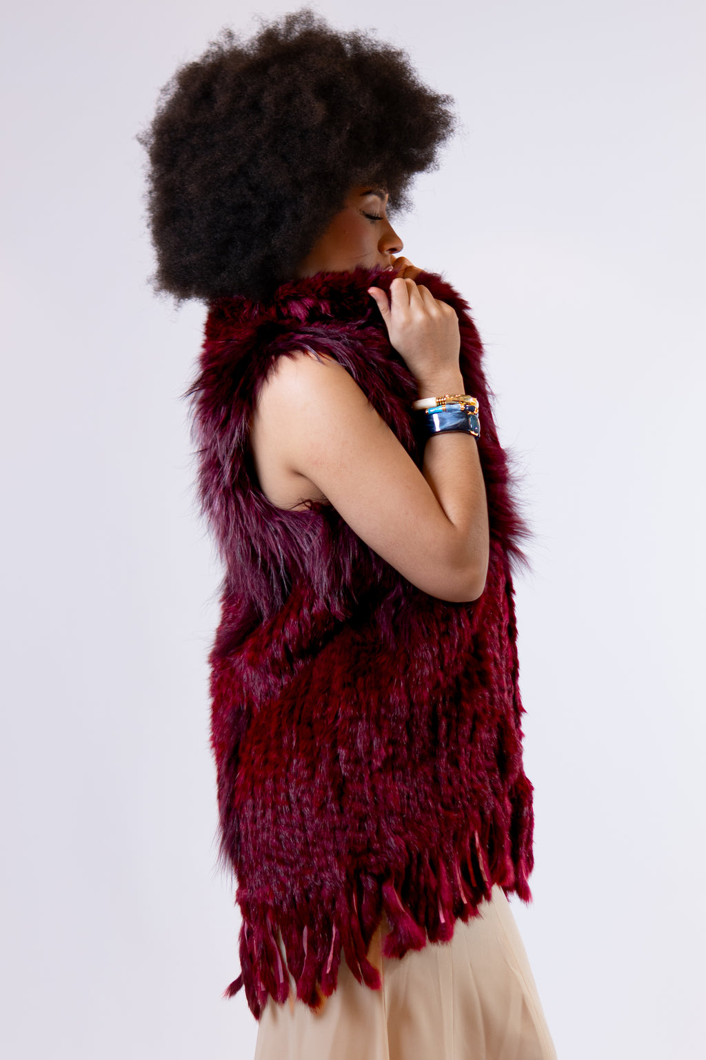 ZARIA Burgundy Fringe Fur Shawl