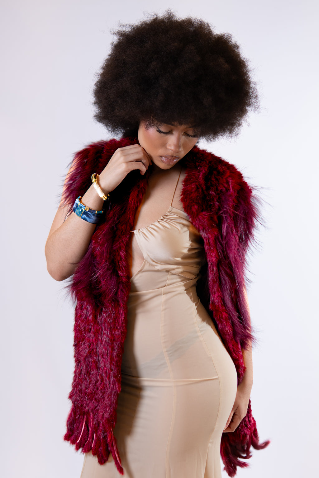 ZARIA Burgundy Fringe Fur Shawl