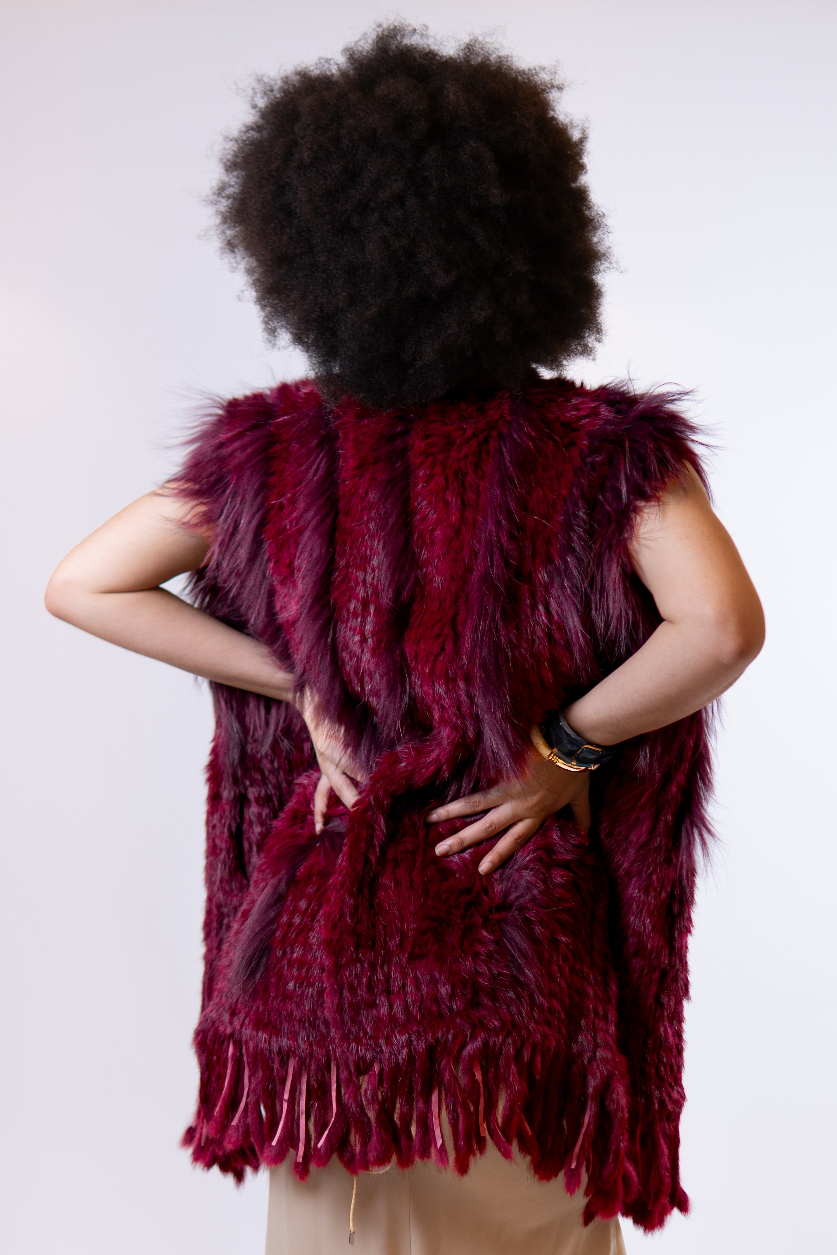 ZARIA Burgundy Fringe Fur Shawl