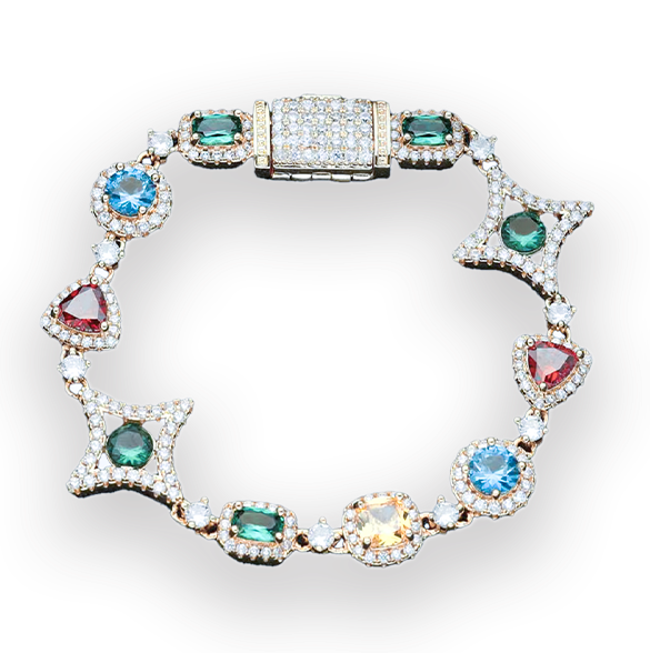 Four colorful stretch bracelets arranged in a 2x2 grid on a white background. Each bracelet features a star-shaped link design with small multicolored gemstones and a larger central rectangular stone.