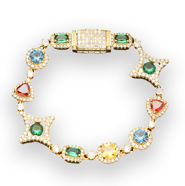 Four colorful stretch bracelets arranged in a 2x2 grid on a white background. Each bracelet features a star-shaped link design with small multicolored gemstones and a larger central rectangular stone.