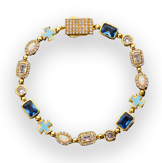 Four beaded stretch bracelets arranged in a 2x2 grid on a white background. The top-left bracelet is gold with blue and white beads, the top-right is silver with blue and white beads, the bottom-left is gold with blue and white beads, and the bottom-right is silver with blue, purple, and white beads.